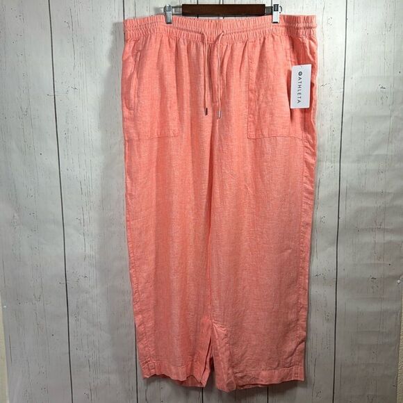 Athleta Linen Wide Leg Pants 22 Coral Pull-On Slit Hem Lightweight Coastal - Picture 2 of 16